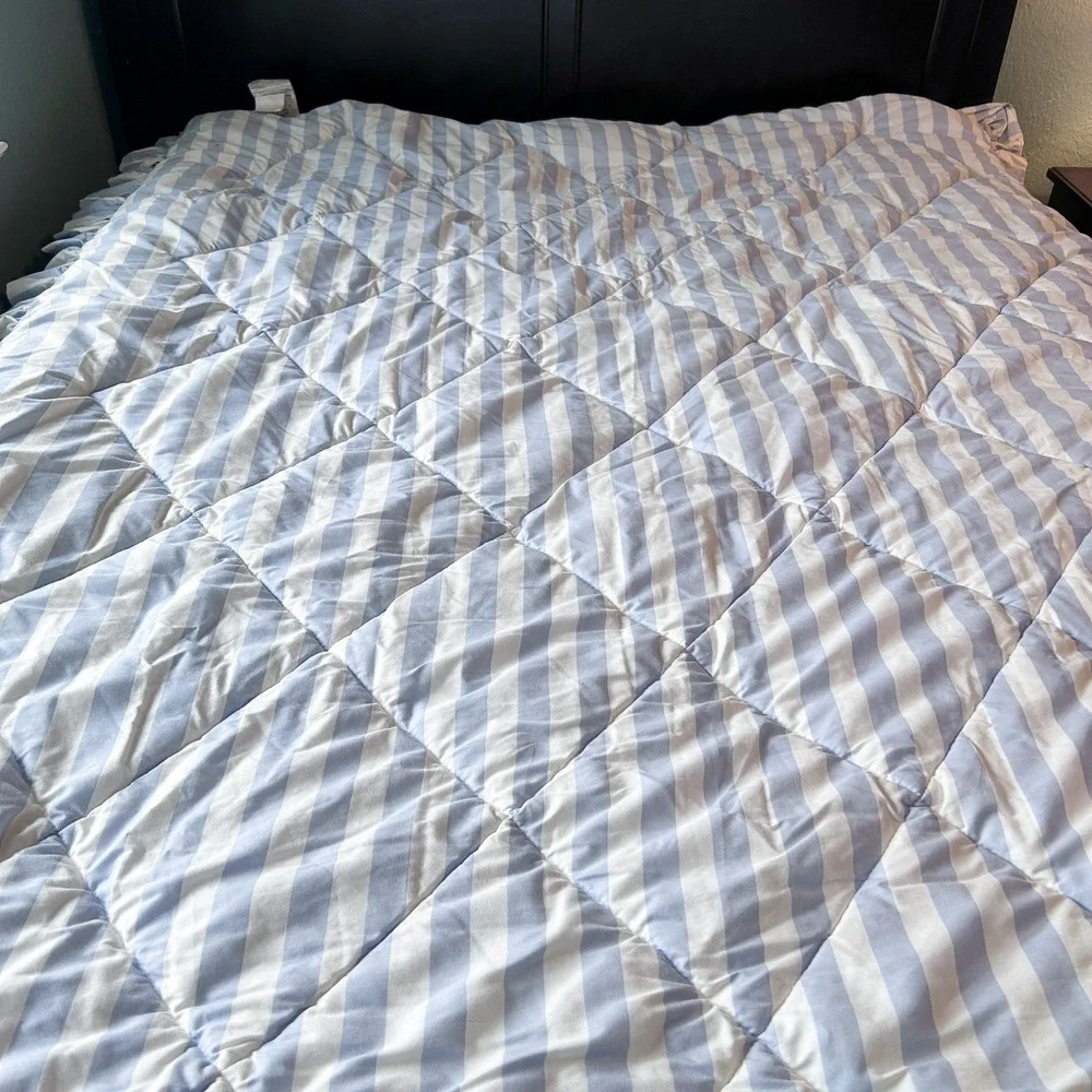 Laura Ashley Sweet Pea Charlotte Comforter Reversible Blue Stripe Twin VTG 90s